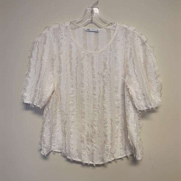 Zara White Fringed Short Sleeve Blouse - Picture 4 of 4